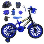 Bicicleta Infantil Aro 16 Preta Kit Azul C/Capacete, Kit Proteção e Acelerador
