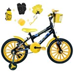 Bicicleta Infantil Aro 16 Preta Kit Amarelo C/Acessórios e Kit Proteção