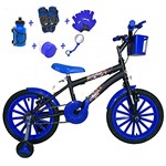 Ficha técnica e caractérísticas do produto Bicicleta Infantil Aro 16 Preta Kit Azul C/Acessórios e Kit Proteção