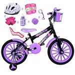 Ficha técnica e caractérísticas do produto Bicicleta Infantil Aro 16 Preta Kit Roxo C/Capacete, Kit Proteção e Cadeirinha