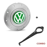 Ficha técnica e caractérísticas do produto Calota Centro Roda Ferro VW Amarok Aro 13 14 15 4 Furos Prata Emblema Verde + Chave de Remoção