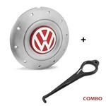 Calota Centro Roda Ferro Vw Amarok Aro 14 15 5 Furos Prata Emblema Vermelha + Chave de Remoção