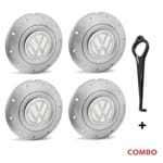 Ficha técnica e caractérísticas do produto Jogo 4 Calota Centro Roda Ferro VW Amarok Aro 13 14 15 4 Furos Prata Emblema Branco + Chave de Remoç Calota