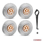 Ficha técnica e caractérísticas do produto Jogo 4 Calota Centro Roda Ferro VW Amarok Aro 13 14 15 4 Furos Prata Emblema Laranja + Chave de Remo Calota