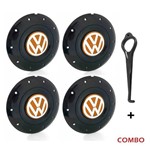 Jogo 4 Calota Centro Roda Ferro Vw Amarok Aro 14 15 5 Furos Preta Brilhante Emblema Laranja + Chave