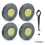 Ficha técnica e caractérísticas do produto Jogo 4 Calota Centro Roda Ferro VW Amarok Aro 14 15 5 Furos Grafite Emblema Amarelo + Chave de Remoç