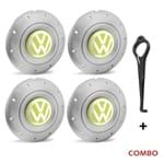 Ficha técnica e caractérísticas do produto Jogo 4 Calota Centro Roda Ferro Vw Amarok Aro 14 15 5 Furos Prata Emblema Amarelo + Chave de Remoção Calota