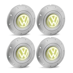 Ficha técnica e caractérísticas do produto Jogo 4 Calota Centro Roda Ferro VW Amarok Aro 13 14 15 4 Furos Prata Emblema Amarelo