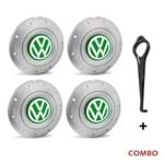 Ficha técnica e caractérísticas do produto Jogo 4 Calota Centro Roda Ferro VW Amarok Aro 13 14 15 4 Furos Prata Emblema Verde + Chave de Remoçã Calota