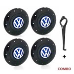 Ficha técnica e caractérísticas do produto Jogo 4 Calota Centro Roda Ferro VW Amarok Aro 14 15 5 Furos Preta Brilhante Emblema Azul + Chave de Calota