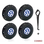 Ficha técnica e caractérísticas do produto Jogo 4 Calota Centro Roda Ferro VW Amarok Aro 14 15 5 Furos Preta Brilhante Emblema Azul + Chave de