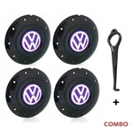 Ficha técnica e caractérísticas do produto Jogo 4 Calota Centro Roda Ferro VW Amarok Aro 14 15 5 Furos Preta Brilhante Emblema Lilás + Chave de