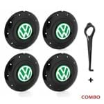 Ficha técnica e caractérísticas do produto Jogo 4 Calota Centro Roda Ferro VW Amarok Aro 14 15 5 Furos Preta Brilhante Emblema Verde + Chave de Calota