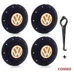 Ficha técnica e caractérísticas do produto Jogo 4 Calota Centro Roda Ferro Vw Amarok Aro 14 15 5 Furos Preta Fosca Emblema Laranja + Chave de R