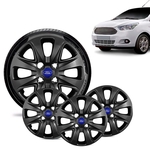 Ficha técnica e caractérísticas do produto Jogo 4 Calota Ford Ka Sedan 2015 16 17 18 Aro 14 Preta Brilhante Emblema Azul