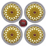 Jogo Calota Aro 13 Grid Super Sport BBS Dourado Prata + Emblema Resinado Fiat (Palio, Uno, Punto, Linea, Strada, Idea, S...