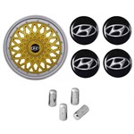 Jogo Calota Aro 13 Grid Super Sport BBS Dourado Prata + Emblema Resinado Hyundai + Tampa Ventil Cromada (HB20, HB20S)