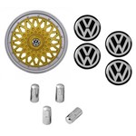 Ficha técnica e caractérísticas do produto Jogo Calota Aro 13 Grid Super Sport BBS Dourado Prata + Emblema Resinado Volkswagen + Tampa Ventil Cromada (Gol, Parati, Saveiro, Voyage, UP, Santana,