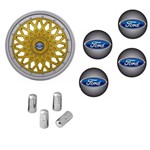 Jogo Calota Aro 14 Grid Super Sport BBS Dourado Prata + Emblema Resinado Ford + Tampa Ventil Cromada (Fiesta, Ka, Ecospo...