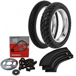 Ficha técnica e caractérísticas do produto Kit Transmissão + Kit Pneu Biz 125 250-17 + 80/100-14 R34 Rinaldi - Rinaldi e Dia-frag